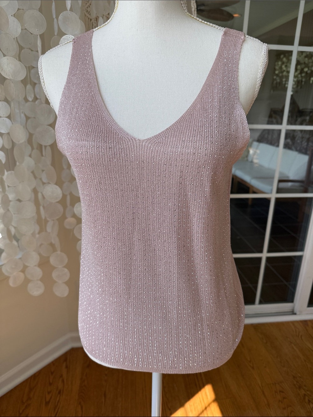 Metallic Sparkly Blingy Blush Knit V-Neck Tank Top medium
